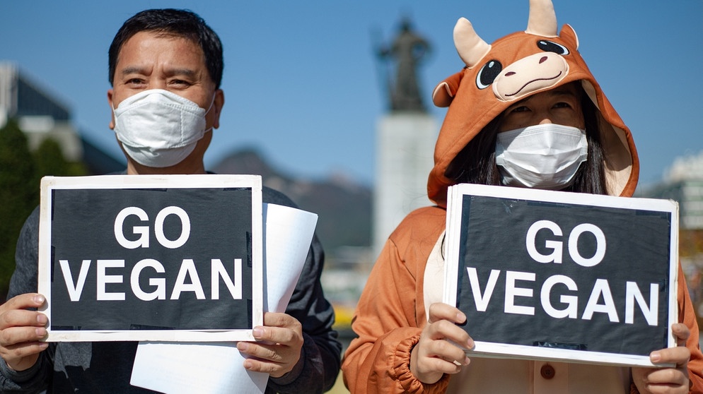 zwei Demonstranten mit Mundschutzmaske halten Plakate mit der Beschriftung "Go Vegan" | Bildquelle: picture alliance / NurPhoto | Chris Jung