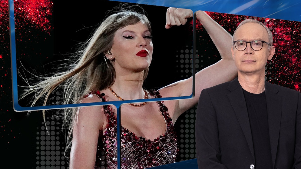 Christoph Süß vor einem Bild von Taylor Swift | Bildquelle: ©dpa-Bildfunk/Natacha Pisarenko; colourbox.com; Montage: BR