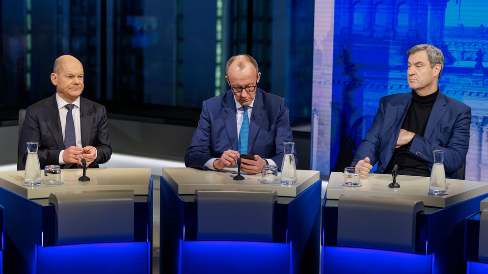 23.02.2025: Olaf Scholz (SPD), Friedrich Merz (CDU), sowie Markus Söder (CSU) in der Berliner Runde. (v.li.n.re.) | Bildquelle: picture alliance/photothek.de/Thomas Imo