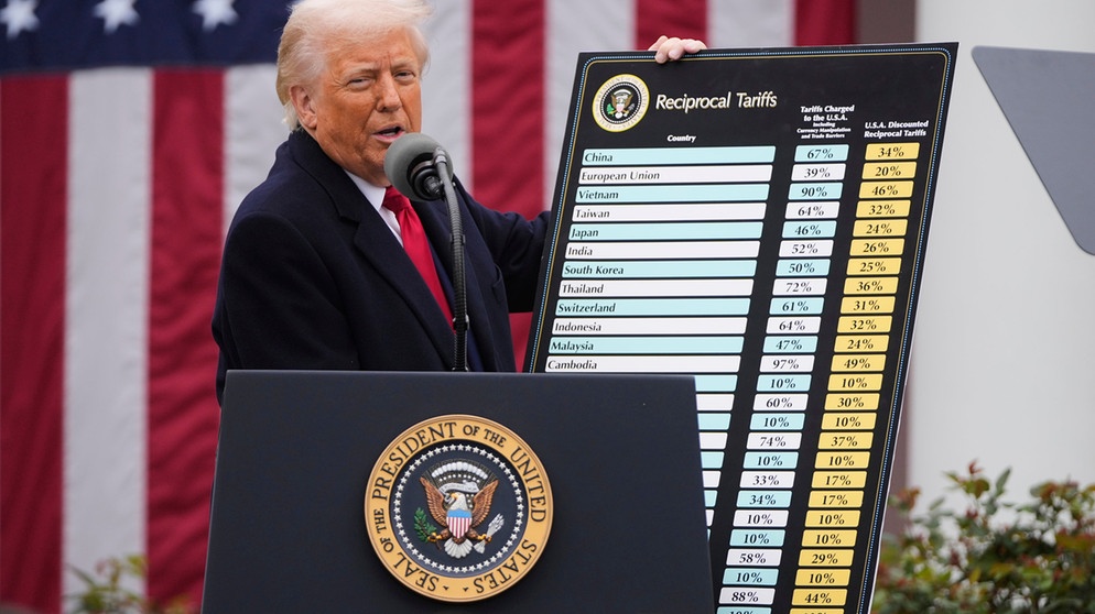 02.04.2025: Präsident Donald Trump spricht während einer Veranstaltung zur Ankündigung neuer Zölle. | Bildquelle: dpa-Bildfunk/Mark Schiefelbein