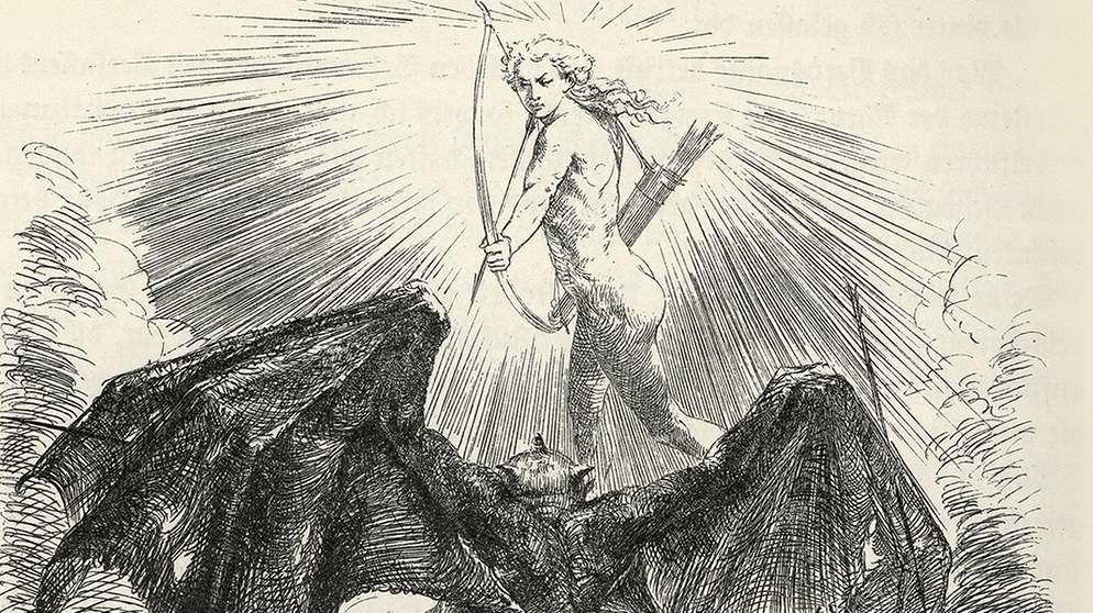 Holzstich von Adolph von Menzel, 1851:"Apoll im Kampf mit einem Drachen" | Bildquelle: picture-alliance/dpa