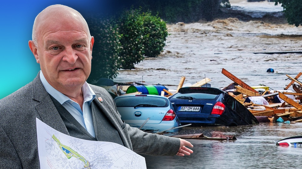 Bildcollage Bürgermeister Klaus Schmidt mit Hochwasserchaos. Klaus Schmidt möchte Simbach am Inn besser vor Hochwasser schützen.  | Bildquelle: BR/Gut zu wissen