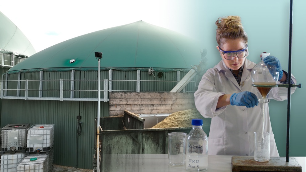 Wissenschaftlerin Daniela Thrän bei Laborversuchen. Hintergrund Biogas-Anlage | Bildquelle: BR/Gut zu wissen