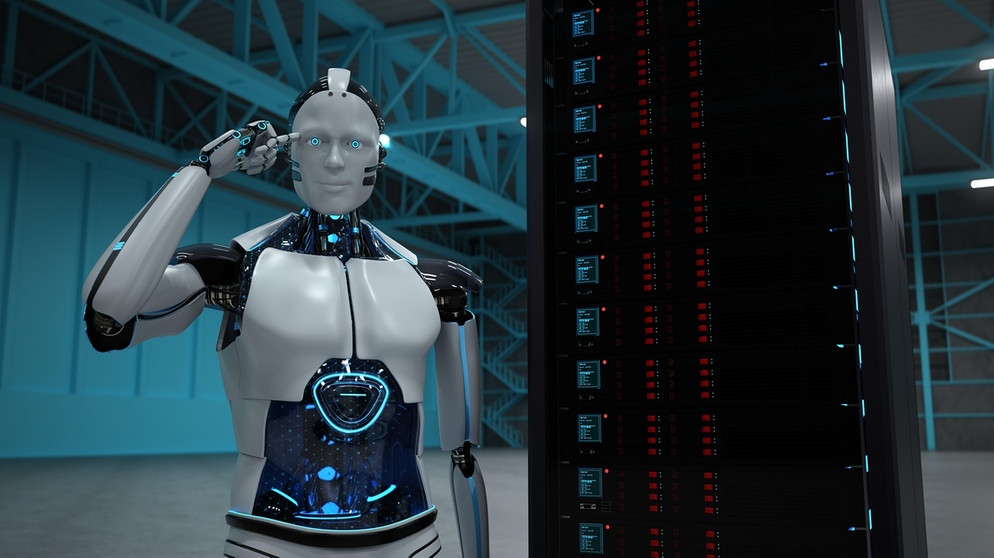 Humanoid robot with a server rack in a hall. 3d illustration.
| Bildquelle: picture alliance / Zoonar | Alexander Limbach