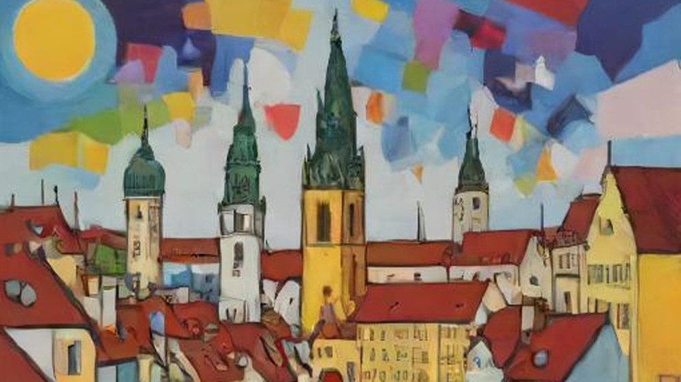 Output einer KI, die ein Bild von München im Stil von Wassily Kandinsky generieren soll. | Bildquelle: deepai.org