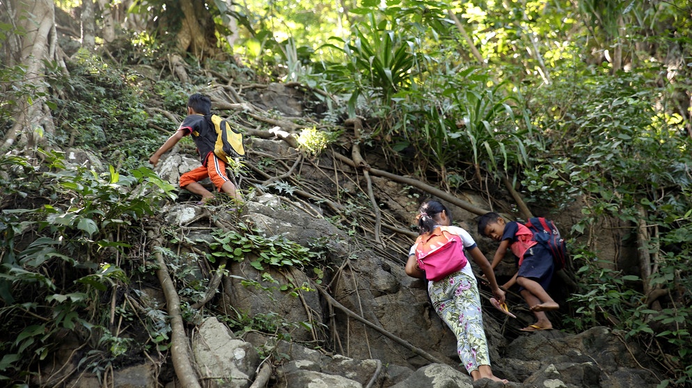 Diese Kinder aus Madibago im Südwesten der Philippinen haben einen der außergewöhnlichsten und gefährlichsten Schulwege der Welt. Denn um ihre Schule zu erreichen; müssen schon die Siebenjährigen eine Steilwand mitten im Dschungel erklimmen. Lediglich ein paar Wurzeln geben den Schülern etwas Halt. | Bildquelle: MDR/Maximus Film GmbH
