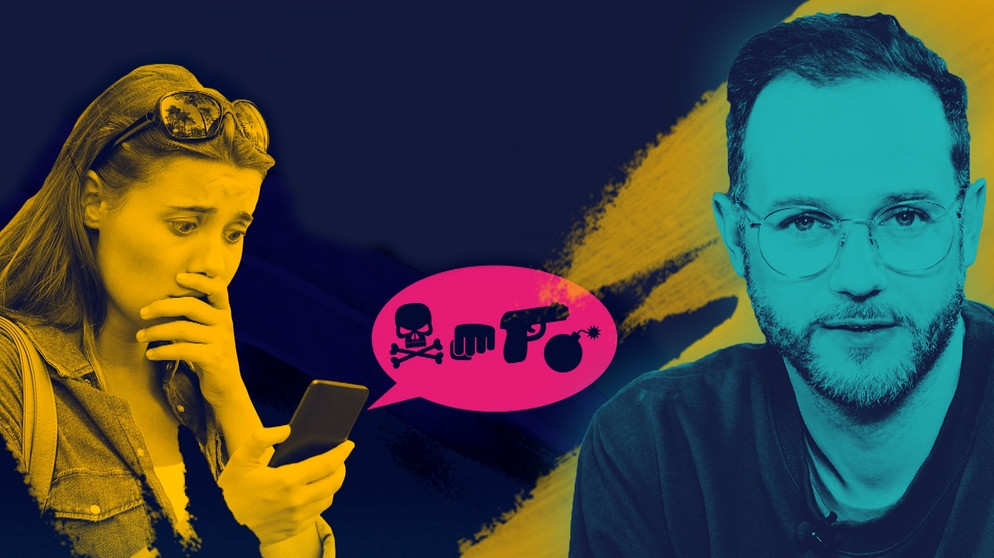 Symbolbild: Eine Frau schaut verzweifelt auf ihr Handy, auf dem sie Hassbotschaften bekommt. Rechts: RESPEKT-Moderator Rainer Maria Jilg. | Bildquelle: picture-alliance/dpa, colourbox.com, Montage: BR