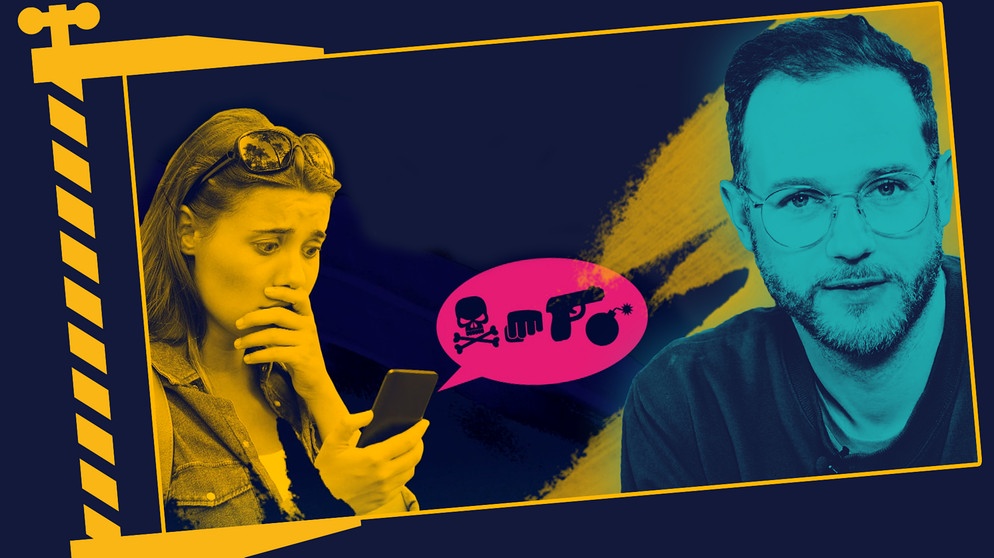 Symbolbild: Eine Frau schaut verzweifelt auf ihr Handy, auf dem sie Hassbotschaften bekommt. Rechts: RESPEKT-Moderator Rainer Maria Jilg. | Bildquelle: picture-alliance/dpa, colourbox.com, Montage: BR