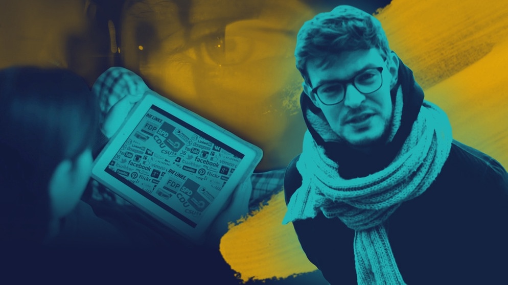 Frau schaut auf Bildschirm mit Logos verschiedener politischer Parteien und Logos sozialer Netzwerke; Moderator Sebastian Leidecker. | Bildquelle: colourbox.com; picture-alliance.com; BR; Montage: BR