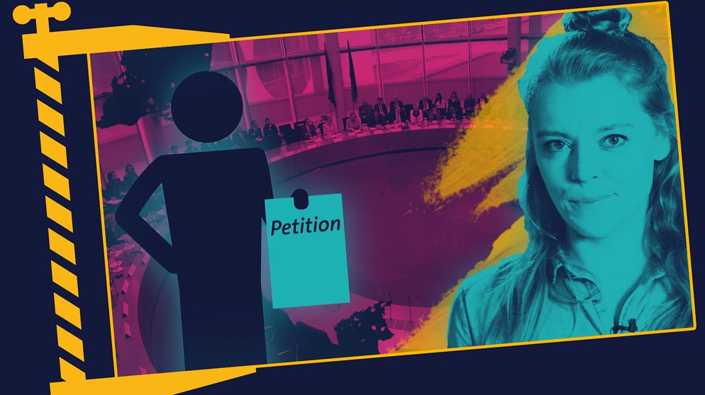 Symbolbild: Figur hält ein Schild mit der Aufschrift "Petition". Moderatorin Sabine Pusch. | Bildquelle: BR, picture-alliance/dpa, colourbox.com; Montage: BR