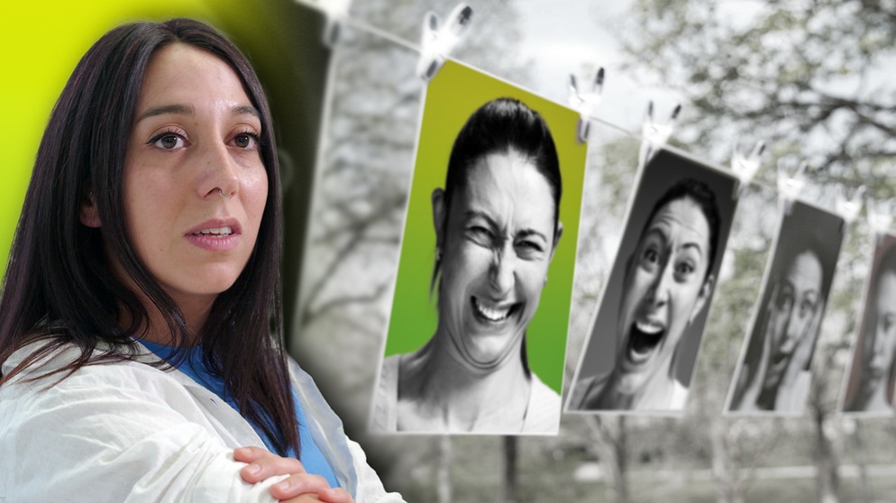 Künstlerin Sandra Bejarano. Sie spielt in ihren Arbeiten mit Tabus und Ekelreflexen. Hintergrund: Fotos mit Frauengesichtern. | Bildquelle: BR