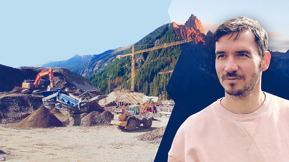 Felix Neureuther steht vor im Bild zweigeteilten Bergpanorama: einmal vor idyllischer Bergspitze im Sonnenuntergang, einmal vor Großbaustelle in den Bergen. | Bildquelle: BR/Robert Grantner, BR/Georg Bayerle; Montage: BR