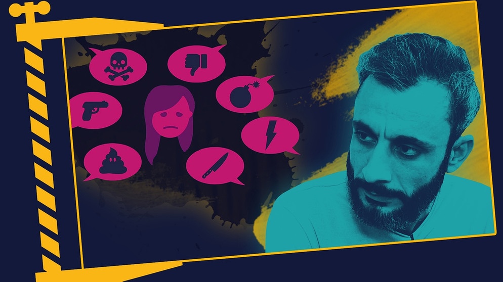 Moderator Ramo Ali, Icons: traurige Frau, umgeben von Sprechblasen, die Hassangriffe symbolisieren | Bildquelle: BR