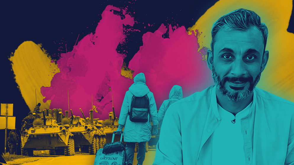 rechts: Moderator Ramo Ali; links Symbolbild: Krieg in der Ukraine, Panzer; Geflüchtete mit Koffer | Bildquelle: BR, picture-alliance/dpa, colourbox.com; Montage: BR
