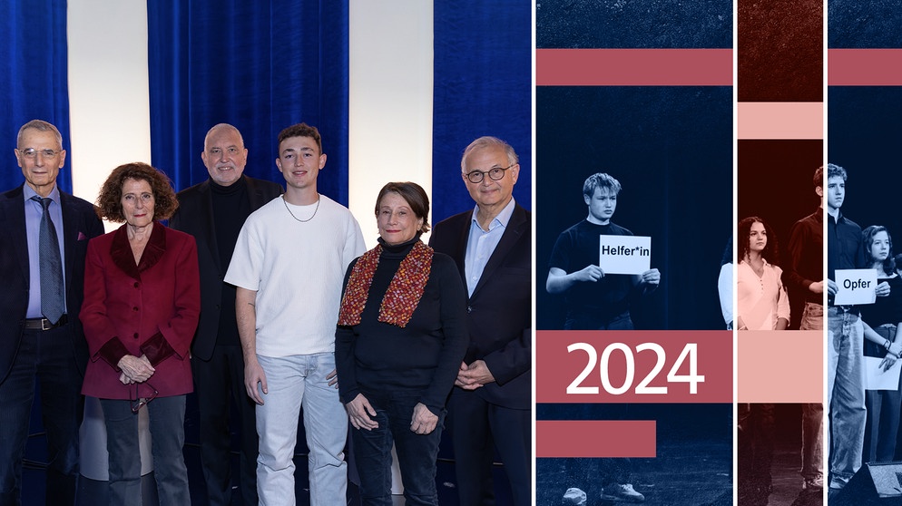 Von links: Prof. Dr. Michael Wolffsohn und Dr. Rachel Salamander (beide Nachfahren von Holocaustüberlebenden), Andreas Bönte (Moderator), Marco Artmann (Podcast "Opa lass reden"), Alexandra Senfft (Nachfahrin eines NS-Kriegsverbrechers) und Louis Lewitan (Psychologe und Autor). | Bildquelle: BR