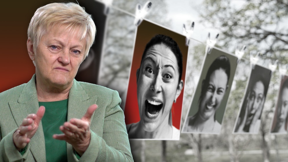 Renate Künast, Bundestagsabgeordnete, im Hintergrund Bilder mit Frauengesichtern, die Emotionen ausdrücken. Was macht Hass mit uns? | Bildquelle: BR