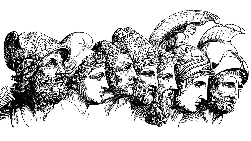 Holzschnitt aus dem Jahr 1880: Helden des trojanischen Krieg. Menelaos, Paris, Diomedes, Odysseus, Nestor, Achilles, Agamemnon,  | Bildquelle: picture-alliance/dpa