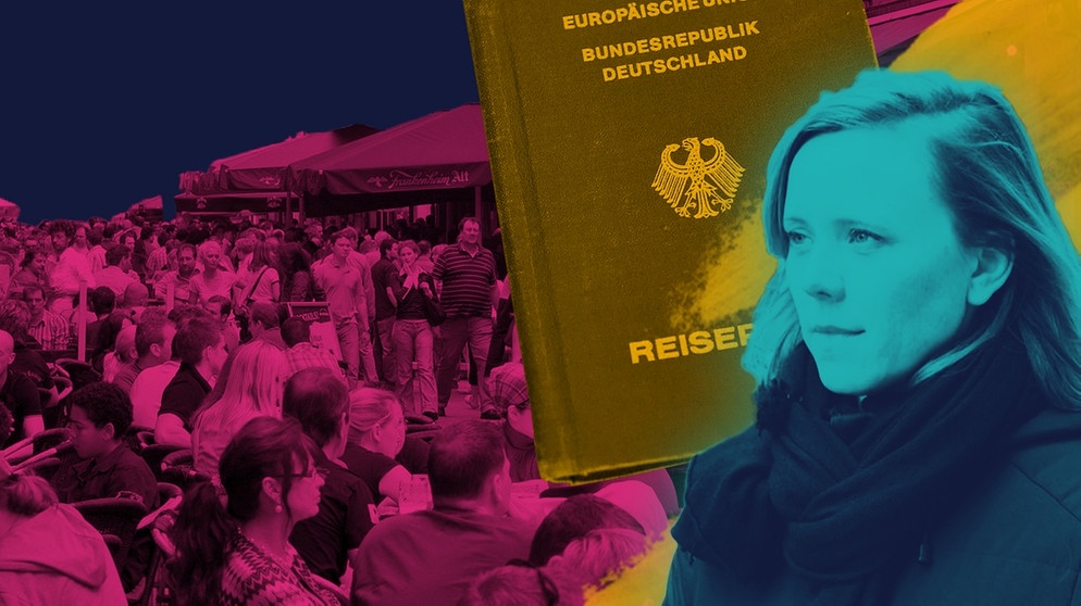 Moderatorin Christina Wolf und Symbolbilder: eine große Ansammlung von Menschen, ein deutscher Reisepass. | Bildquelle: BR; colourbox.com; picture-alliance; Montage: BR