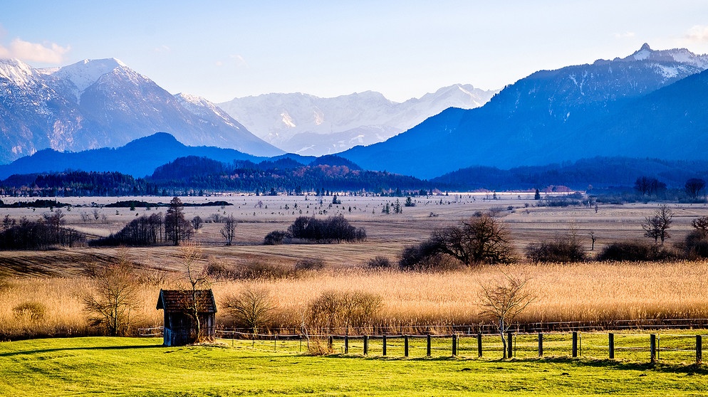 Blick über das Murnauer Moos mit den Alpen im Hintergrund. | Bildquelle: stock.adobe.com/fottoo