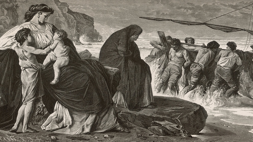 Gravur 1882: Jason mit den Argonauten verläßt Medea und die gemeinsamen Kinder. | Bildquelle: picture-alliance/dpa