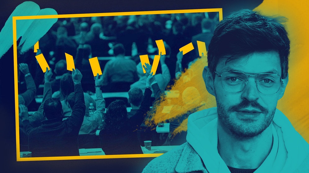 Rechts: Moderator Sebastian Leidecker; links: Politikerinnen und Politiker, die für eine Abstimmung Zettel in die Luft halten. | Bildquelle: picture-alliance/dpa, colourbox.com, Montage: BR
