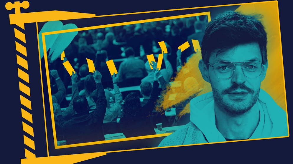 Rechts: Moderator Sebastian Leidecker; links: Politikerinnen und Politiker, die für eine Abstimmung Zettel in die Luft halten. | Bildquelle: picture-alliance/dpa, colourbox.com, Montage: BR
