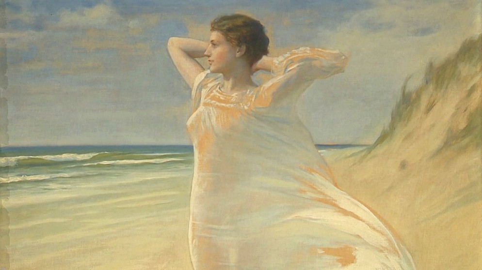 Diese Dame am Strand (von der Familie "Die Windsbraut" genannt) wurde 1904 von Max Nonnenbruch gemalt. Die Bildoberfläche ist recht glatt: Liegt es an der lasierenden Malweise oder handelt es sich doch um einen Druck? Geschätzter Wert: 12.000 bis 15.000 Euro | Bildquelle: BR