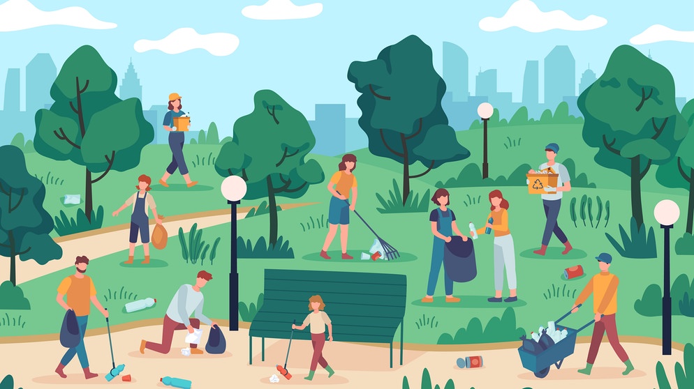 Symboldbild: Menschen sammeln in einer grünen Stadt Kunststoffmüll zum Recycling. | Bildquelle: colourbox.com