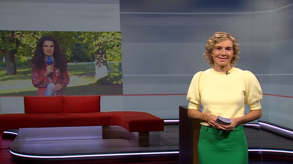 Julia Büchler im Studio der Frankenschau aktuell über gibt an Rika Dechant mit dem Wetter. | Bildquelle: BR