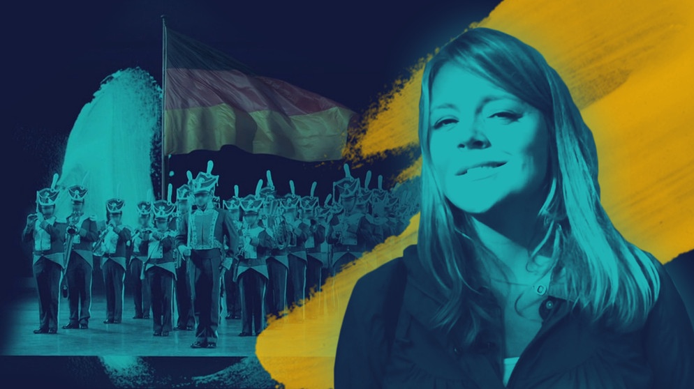 Moderatorin Sabine Pusch, im Hintergrund eine Blaskapelle mit deutscher Flagge | Bildquelle: BR, colourbox.com, picture-alliance/dpa, Montage: BR
