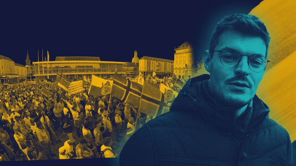Moderator Sebastian Leidecker, PEGIDA-Aufmarsch in Dresden | Bildquelle: BR, picture-alliance/dpa, colourbox.com, Montage: BR