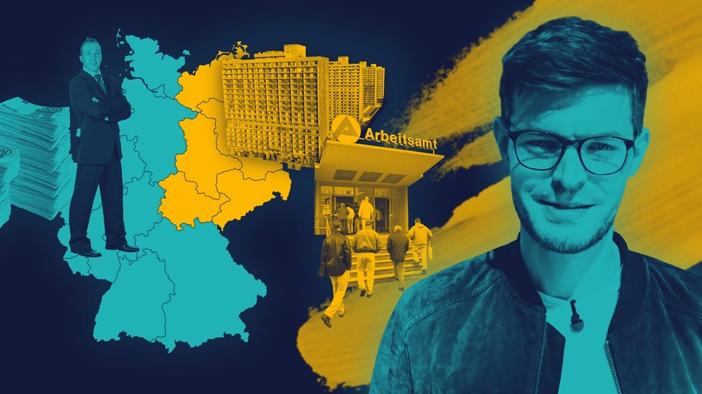 Moderator Sebastian Leidecker und eine Deutschlandkarte mit wohlhabendem Westen während im Osten eine Plattenbausiedlung sowie ins Arbeitsamt gehende Menschen zu sehen sind. | Bildquelle: BR, picture-alliance/dpa, coloudbox.com; Montage: BR