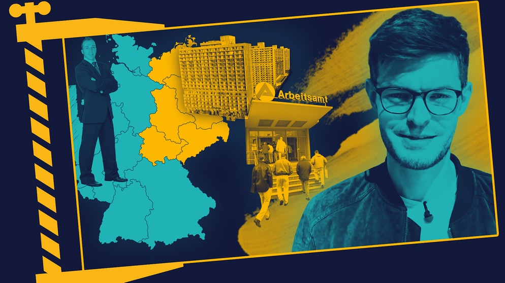 Moderator Sebastian Leidecker und eine Deutschlandkarte mit wohlhabendem Westen während im Osten eine Plattenbausiedlung sowie ins Arbeitsamt gehende Menschen zu sehen sind. | Bildquelle: BR, picture-alliance/dpa, coloudbox.com; Montage: BR