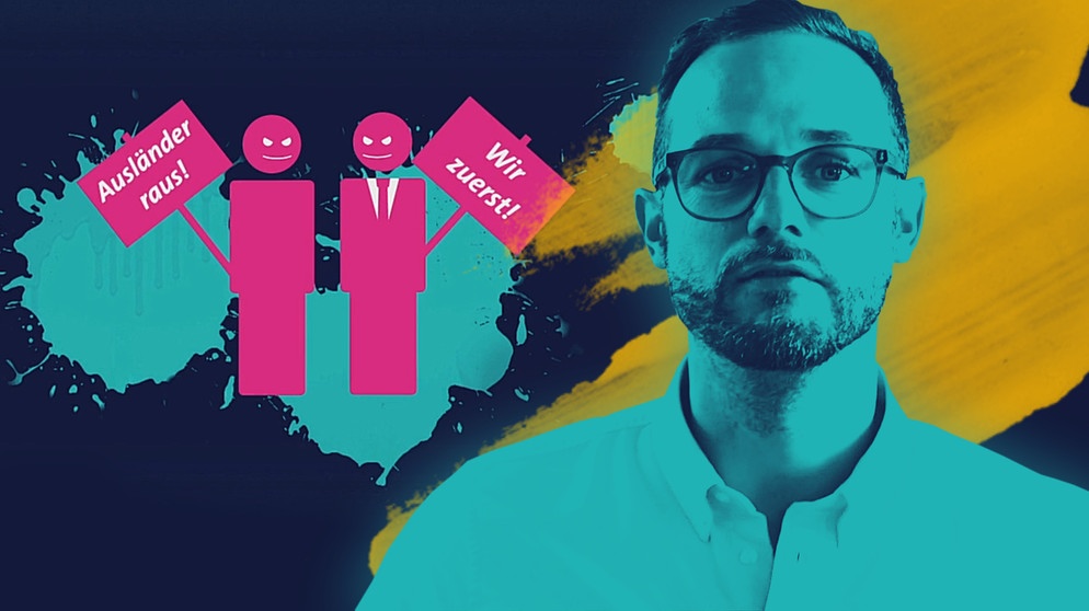 Montage:  Moderator Rainer Maria Jilg, im Hintergrund stilisierte Populisten | Bildquelle: BR, Montage: BR
