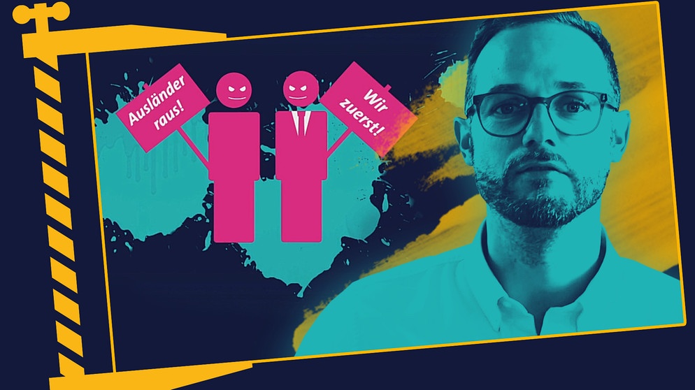 Montage:  Moderator Rainer Maria Jilg, im Hintergrund stilisierte Populisten | Bildquelle: BR, Montage: BR