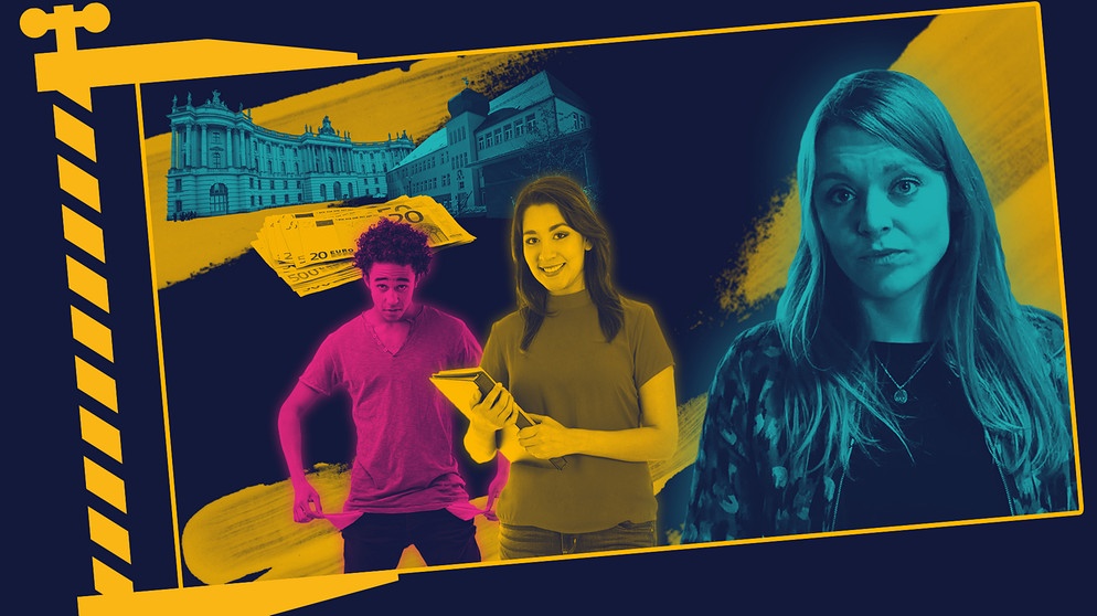 Universität und Schule neben einem Geldstapel, ein armer Student und eine privilegierte Studentin, Moderatorin Sabine Pusch | Bildquelle: BR, picture-alliance/dpa, colourbox.com; Montage: BR