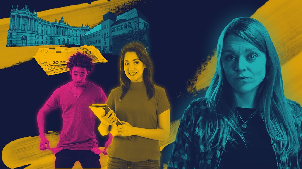 Universität und Schule neben einem Geldstapel, ein armer Student und eine privilegierte Studentin, Moderatorin Sabine Pusch | Bildquelle: BR, picture-alliance/dpa, colourbox.com; Montage: BR