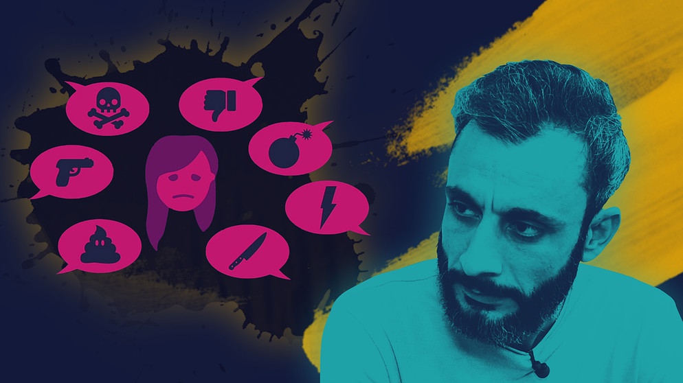 Moderator Ramo Ali, Icons: traurige Frau, umgeben von Sprechblasen, die Hassangriffe symbolisieren | Bildquelle: BR