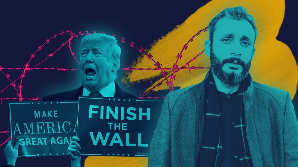 Donald Trump mit Schildern "Make America great again" und "Finish the wall" vor einem Stacheldrahtzaun, Moderator Ramo Ali | Bildquelle: picture-alliance/dpa; Montage: BR