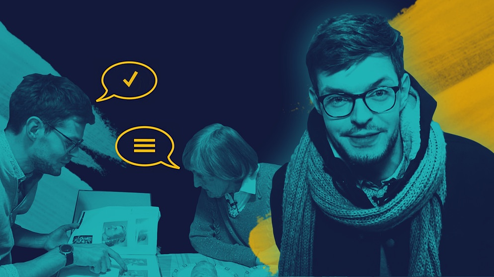 Moderator Sebastian Leidecker, eine Zeitzeugin der Nürnberger Prozesse zeigt Sebastian ihr Fotoalbum | Bildquelle: BR