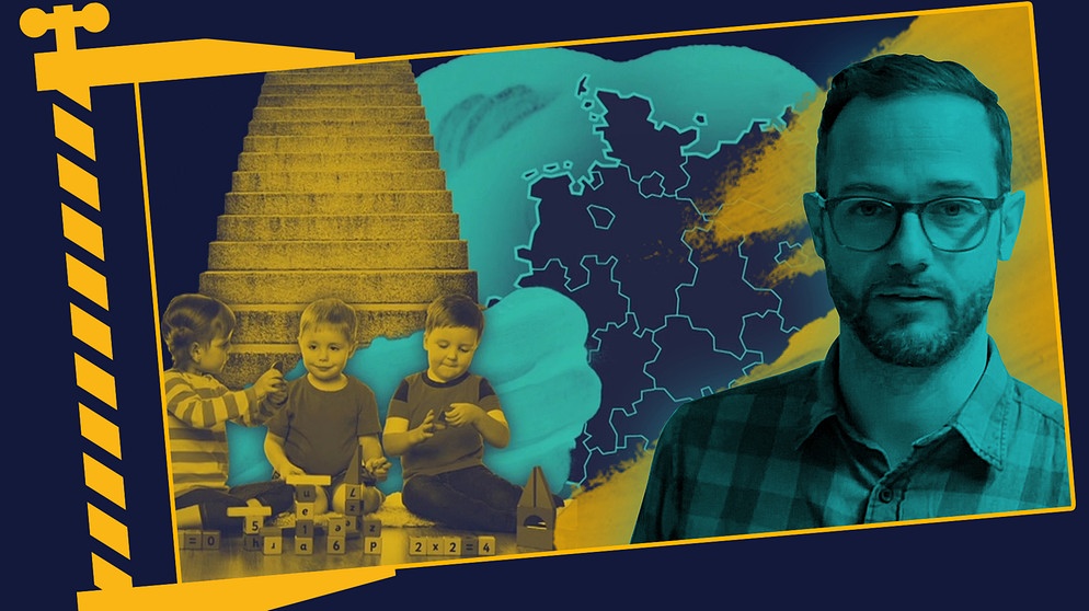 Moderator Rainer Maria Jilg, Gruppe von kleinen Kindern vor einer Treppe, Deutschlandkarte | Bildquelle: BR, colourbox.com; Montage: BR