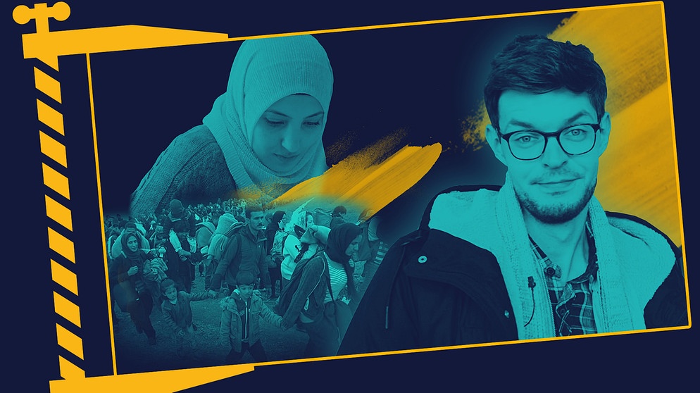 Moderator Sebastian Leidecker, Frau mit Kopftuch, Flüchtlingstreck | Bildquelle: BR, picture-alliance/dpa; Montage: BR