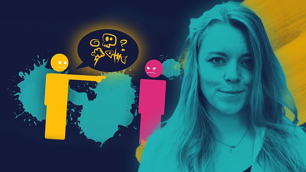 Moderatorin Sabine Pusch, Figur beleidigt eine andere. | Bildquelle: BR, colourbox.com, picture-alliance/dpa, Montage: BR