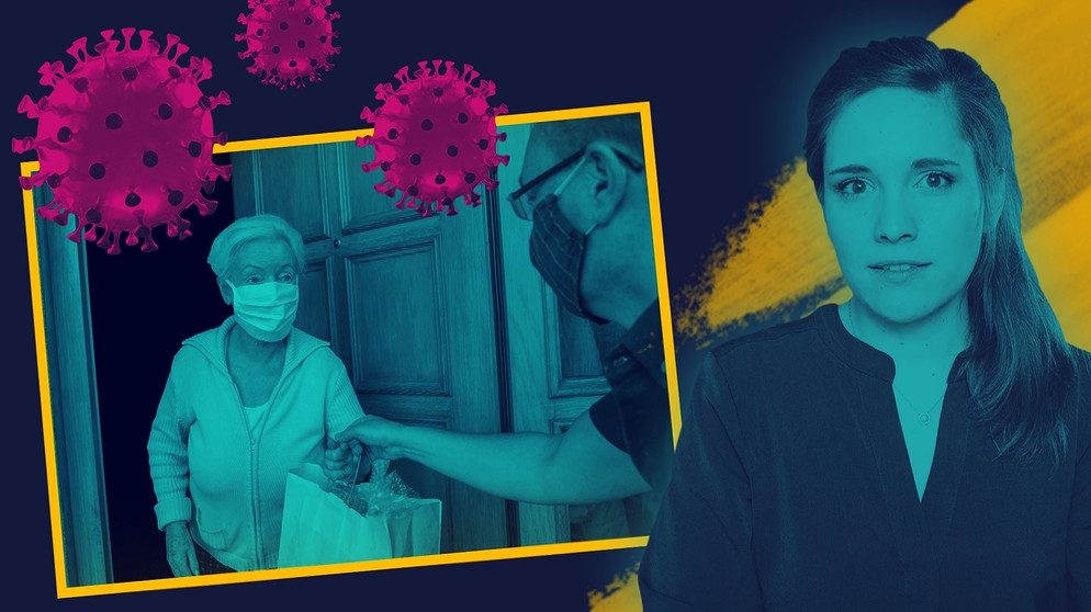 Moderatorin Verena Hampl, ein Mann mit Gesichtsmaske übergibt einer Frau mit Gesichtsmaske eine Einkaufstüte, darüber Corona-Viren | Bildquelle: BR, dpa, colourbox.com; Montage: BR