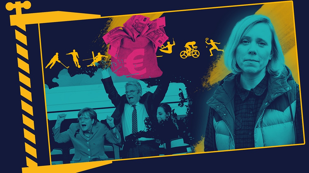 Moderatorin Christina Wolf, Angela Merkel und Joachim Gauck jubelnd bei der Fußball-WM 2014, darüber ein Geldsack neben Symbolen verschiedener Sportarten | Bildquelle: BR, picture-alliance/dpa, colourbox.com; Montage: BR