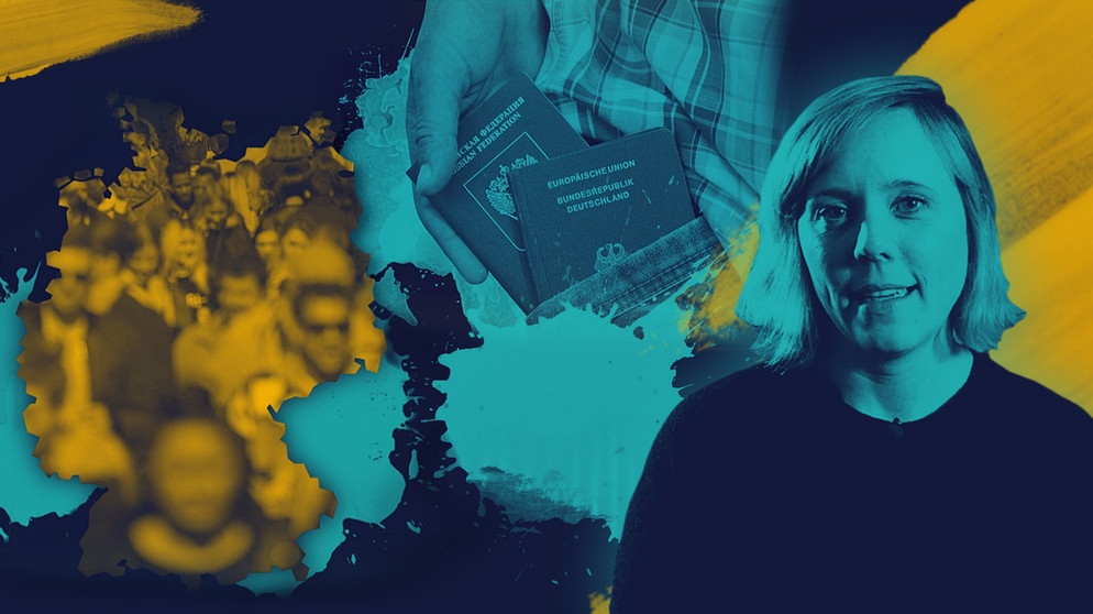 Christina Wolf neben einer Landkarte mit Menschen und einer Hand, die zwei Pässe verschiedener Staaten aus der Tasche zieht | Bildquelle: BR, colourbox.com, picture-alliance/dpa; Montage: BR