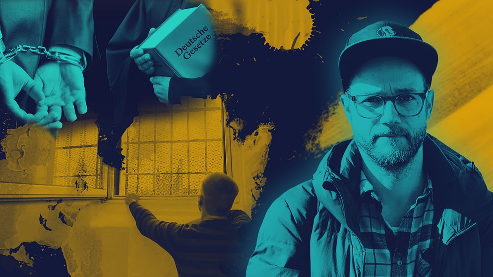 Moderator Rainer Maria Jilg, dahinter Hände in Handschellen, eine Richterin mit einem Gesetzbuch im Arm und ein Mann blickt in einem Gefängnis aus dem Fenster | Bildquelle: BR, picture-alliance/dpa, colourbox.com; Montage: BR