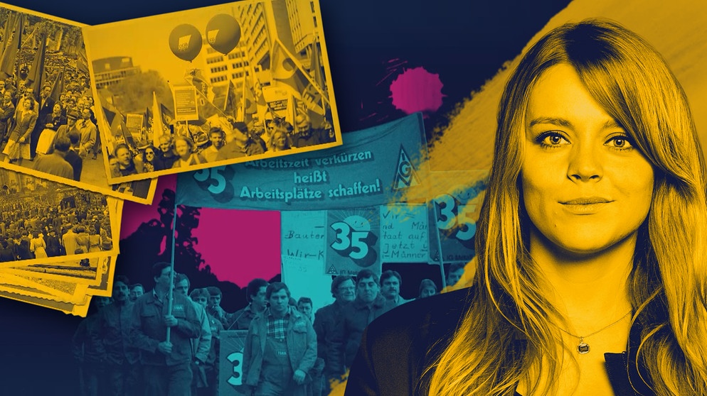Collage: Presenterin Sabine Pusch vor Streikszenen | Bildquelle: BR, colourbox.com, picture-alliance/dpa; Montage: BR