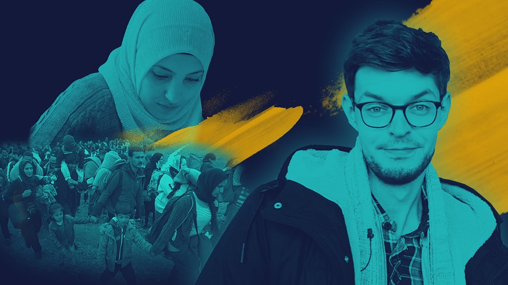 Moderator Sebastian Leidecker, Frau mit Kopftuch, Flüchtlingstreck | Bildquelle: BR, picture-alliance/dpa; Montage: BR