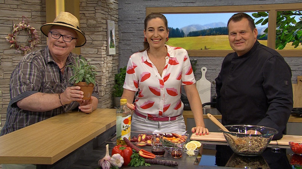 Andreas Modery mit Moderatorin Andrea Lauterbach und Wolfgang Link | Bildquelle: Wir in Bayern